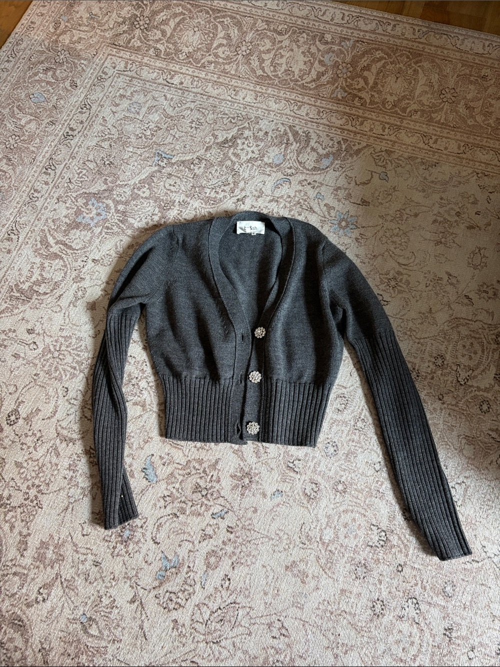 ba&sh Charcoal Gray Cropped V-Neck Cardigan with Decorative Buttons